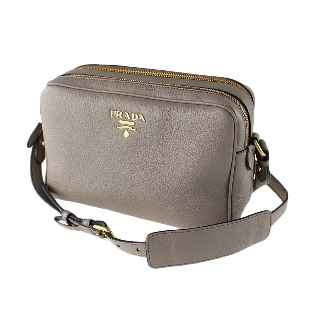 New  Argilla Grey Vitello Phenix Leather Double Zip Crossbody Bag 1BH079