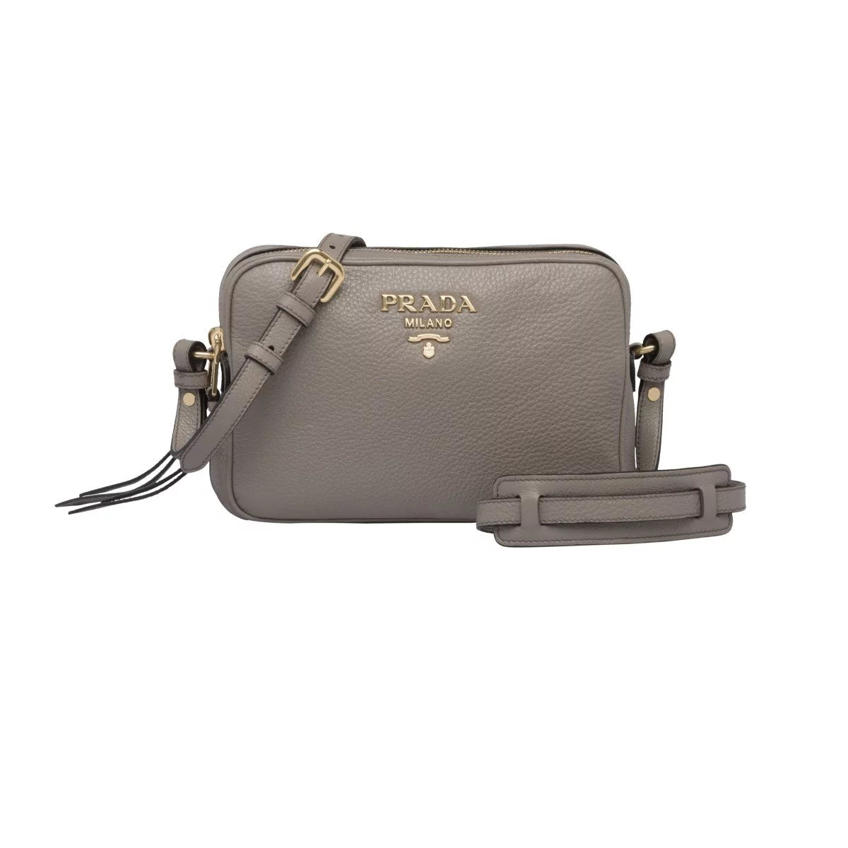 New  Argilla Grey Vitello Phenix Leather Double Zip Crossbody Bag 1BH079